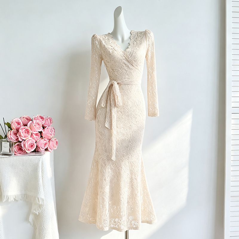 2026 Autumn V-Neck Lace Bodycon Mermaid Dress Women Long Dress 28692 - Image 2