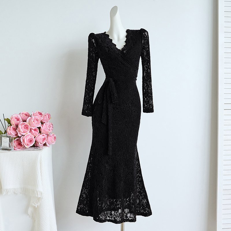 2026 Autumn V-Neck Lace Bodycon Mermaid Dress Women Long Dress 28692 - Image 3