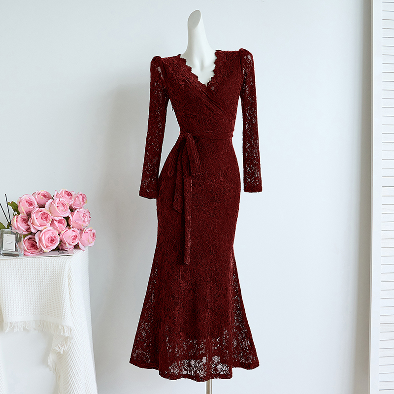 2026 Autumn V-Neck Lace Bodycon Mermaid Dress Women Long Dress 28692 - Image 4