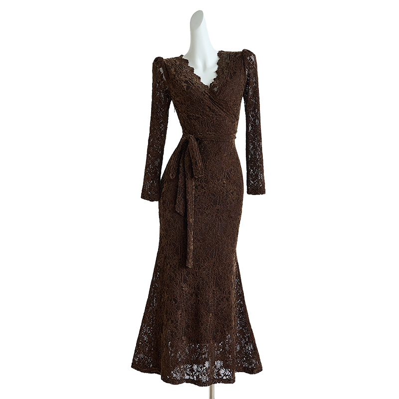 2026 Autumn V-Neck Lace Bodycon Mermaid Dress Women Long Dress 28692 - Image 5