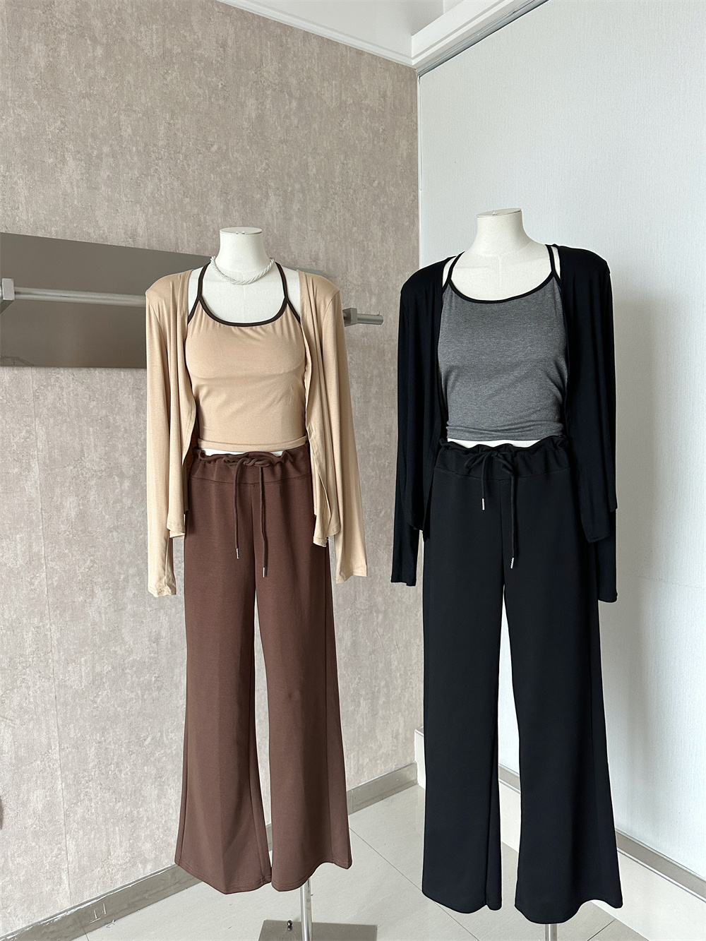 2026 Early Autumn Color Block Cami Top Cardigan Jacket Straight Pants 3-Piece Set for Women