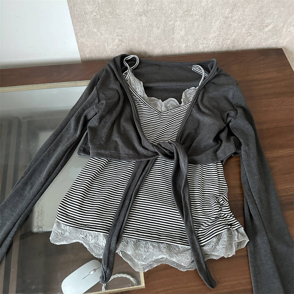 2026 Early Autumn Korean Style Three-Piece Set with Lace-Up Cover-Up Jacket, Lace-Trim Striped Vest, and Pleated Skirt - Image 5