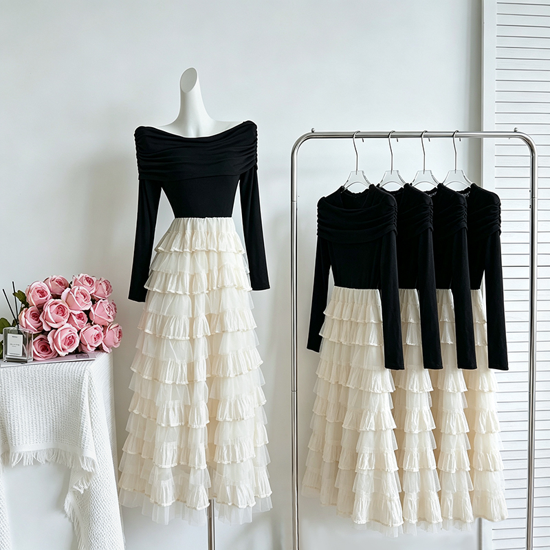 2026 Hong Kong Style Off-Shoulder Long Sleeve Patchwork Cake Dress Slimming Dress 89135