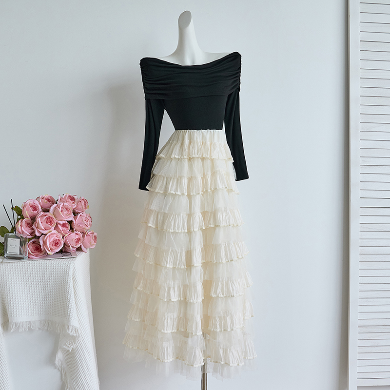 2026 Hong Kong Style Off-Shoulder Long Sleeve Patchwork Cake Dress Slimming Dress 89135 - Image 2