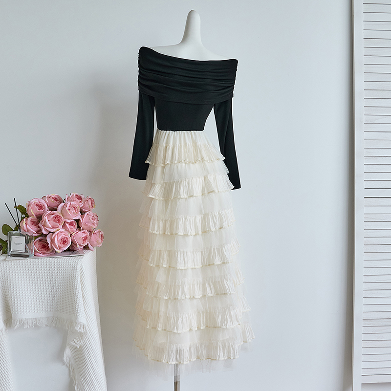 2026 Hong Kong Style Off-Shoulder Long Sleeve Patchwork Cake Dress Slimming Dress 89135 - Image 3
