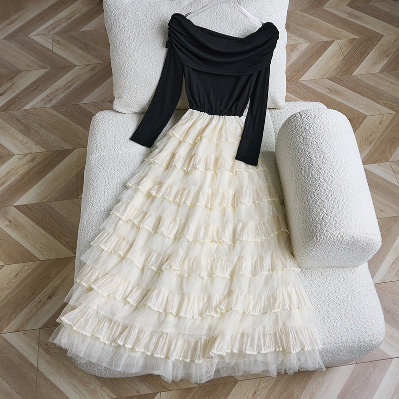 2026 Hong Kong Style Off-Shoulder Long Sleeve Patchwork Cake Dress Slimming Dress 89135 - Image 4