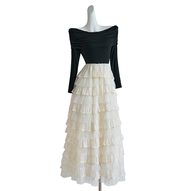 2026 Hong Kong Style Off-Shoulder Long Sleeve Patchwork Cake Dress Slimming Dress 89135 - Image 5