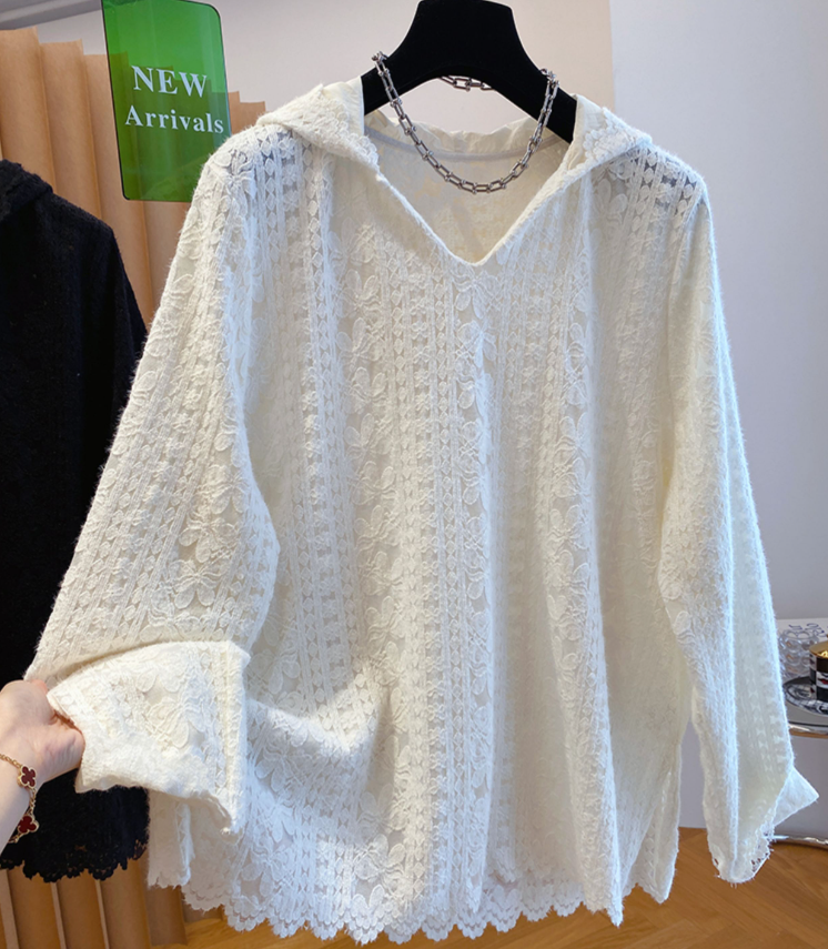 Autumn Korean Style Loose Brushed Jacquard Hollow Out Hooded Long Sleeve T-Shirt