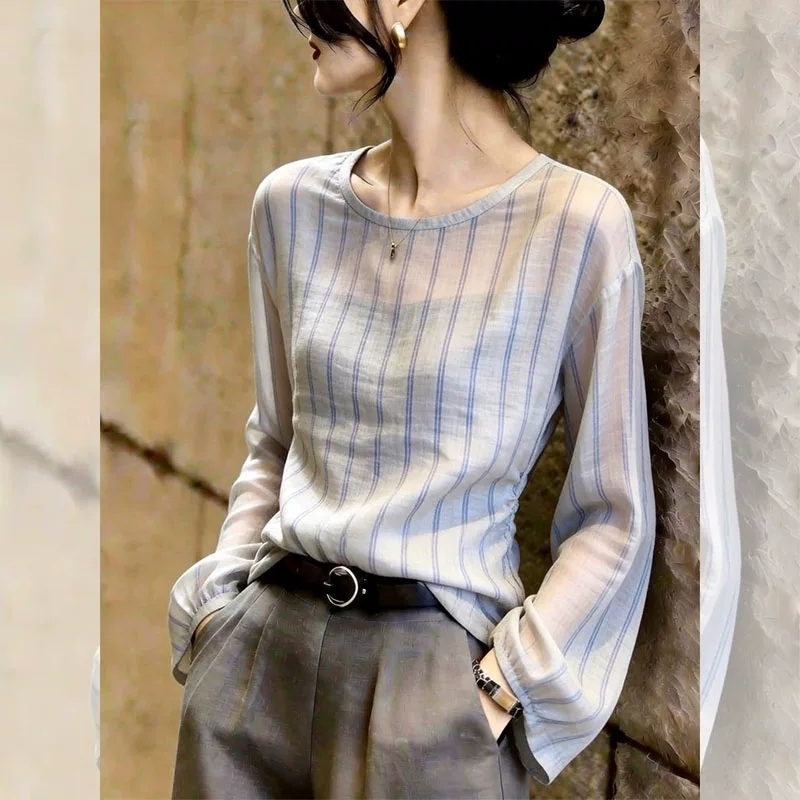 Autumn New High-End Commuter Striped Chiffon Shirt Long Sleeve Loose Versatile Stylish Age-Reducing Body-Shaping Top