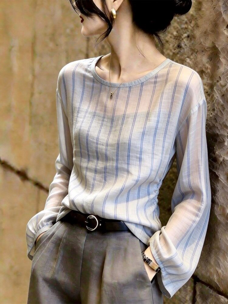 Autumn New High-End Commuter Striped Chiffon Shirt Long Sleeve Loose Versatile Stylish Age-Reducing Body-Shaping Top - Image 2