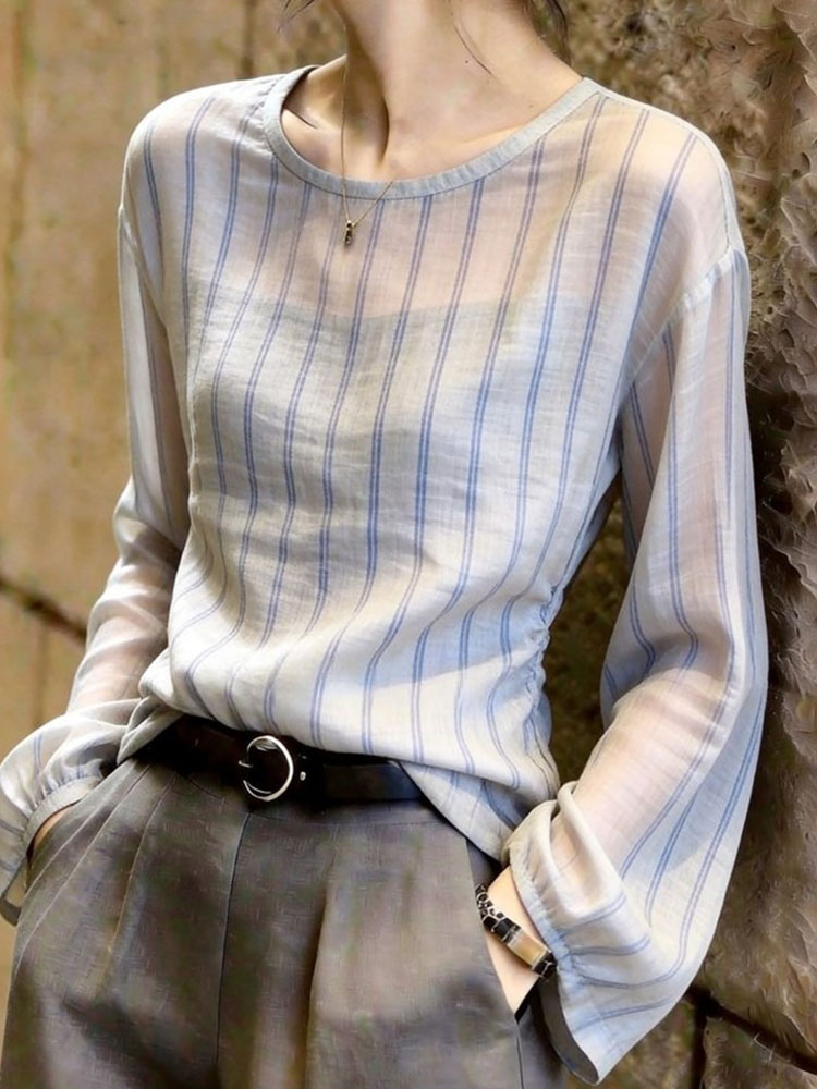Autumn New High-End Commuter Striped Chiffon Shirt Long Sleeve Loose Versatile Stylish Age-Reducing Body-Shaping Top - Image 3