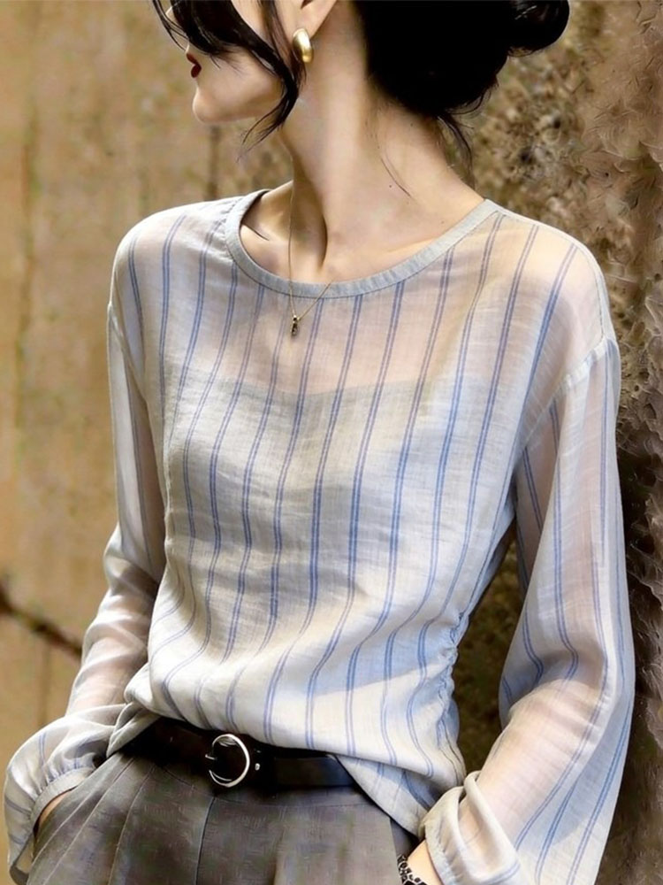Autumn New High-End Commuter Striped Chiffon Shirt Long Sleeve Loose Versatile Stylish Age-Reducing Body-Shaping Top - Image 4