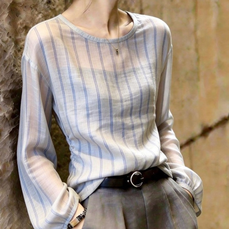 Autumn New High-End Commuter Striped Chiffon Shirt Long Sleeve Loose Versatile Stylish Age-Reducing Body-Shaping Top - Image 5