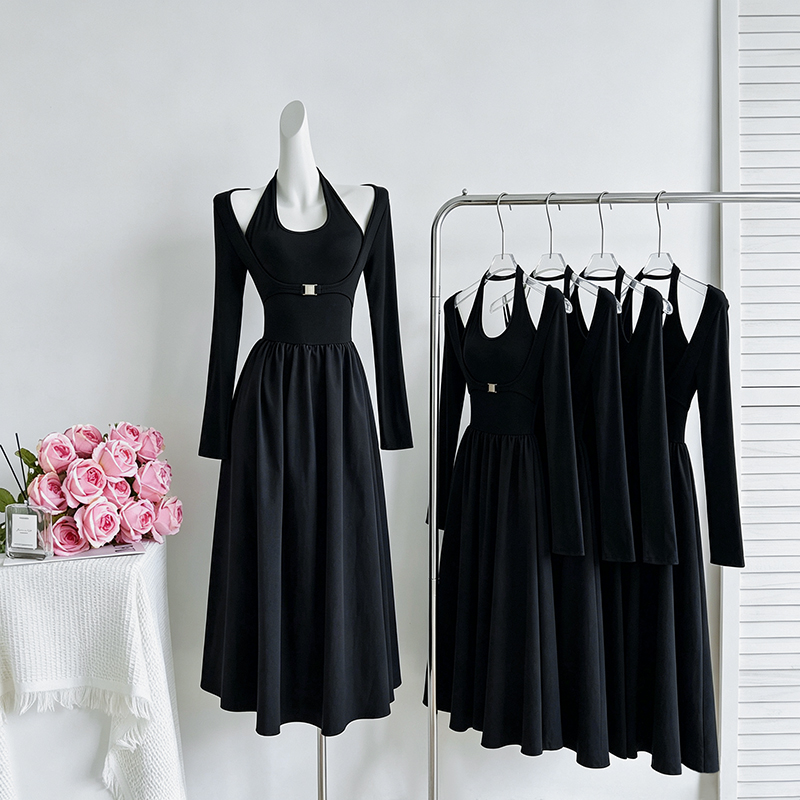 Autumn New Style Design Feel Faux Two Piece Halter Neck Long Sleeve Dress Slim Fit Base Dress 89132