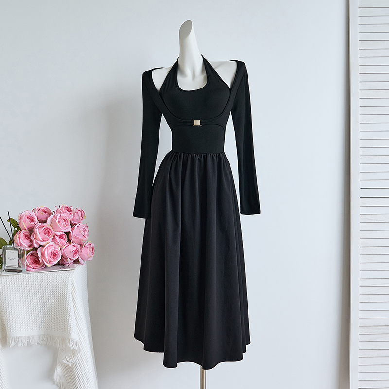 Autumn New Style Design Feel Faux Two Piece Halter Neck Long Sleeve Dress Slim Fit Base Dress 89132 - Image 2