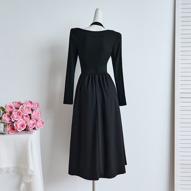 Autumn New Style Design Feel Faux Two Piece Halter Neck Long Sleeve Dress Slim Fit Base Dress 89132 - Image 3