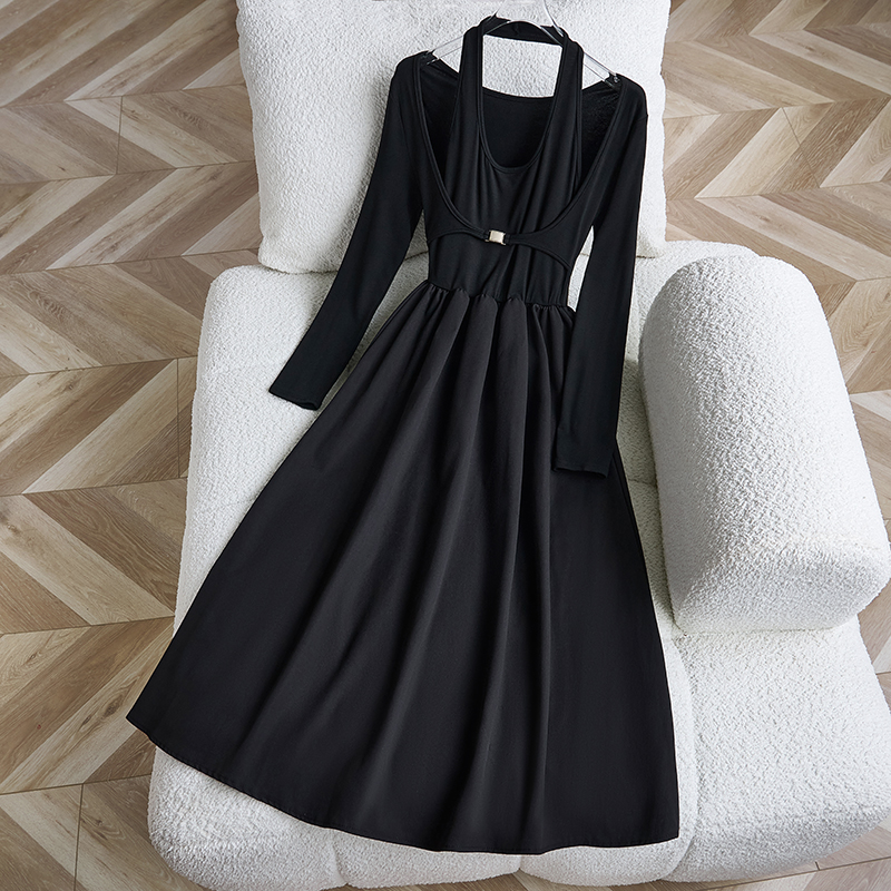 Autumn New Style Design Feel Faux Two Piece Halter Neck Long Sleeve Dress Slim Fit Base Dress 89132 - Image 4