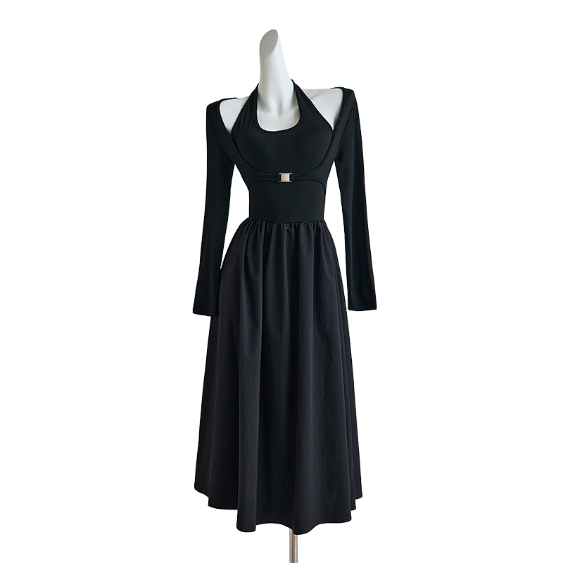 Autumn New Style Design Feel Faux Two Piece Halter Neck Long Sleeve Dress Slim Fit Base Dress 89132 - Image 5