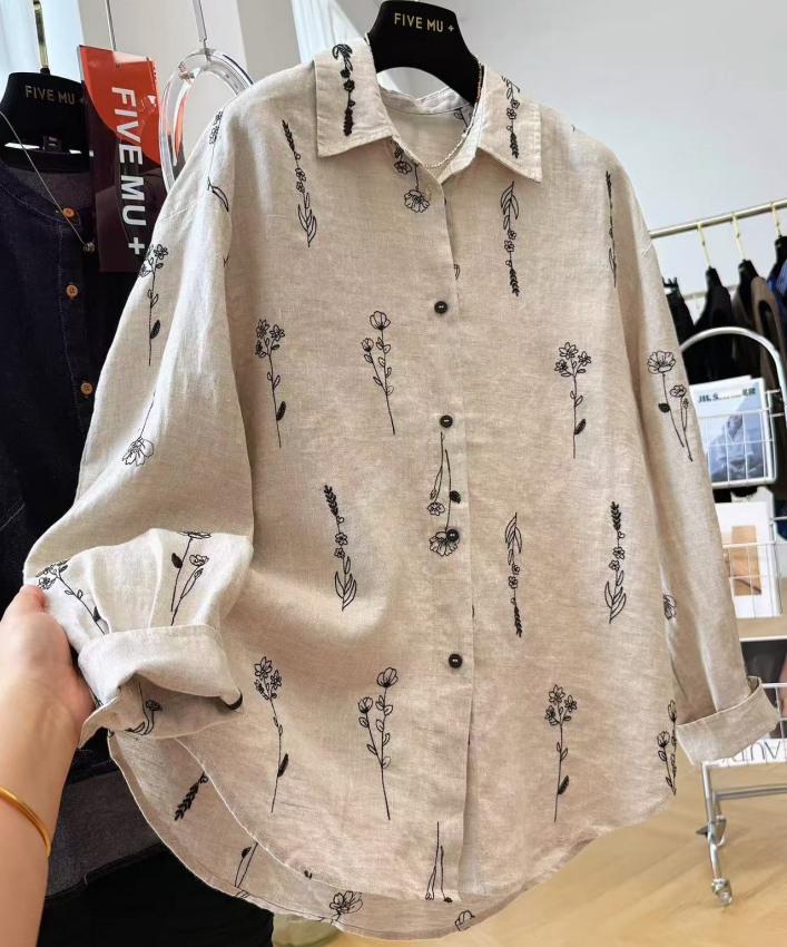 Autumn New Style Japanese Korean Long Sleeve Sun Protection Shirt Women High-End Pure Linen Heavy Embroidery Temperament Top