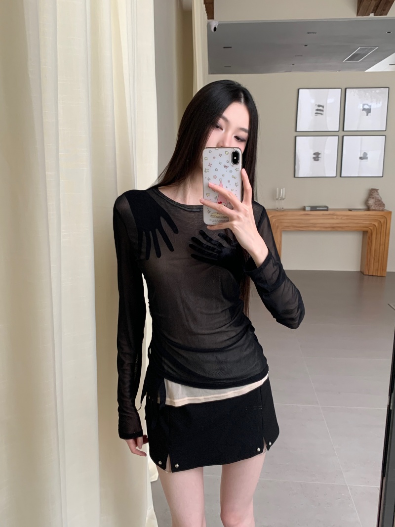 Black Double-Layer Mesh Long Sleeve Round Neck Stretch Top