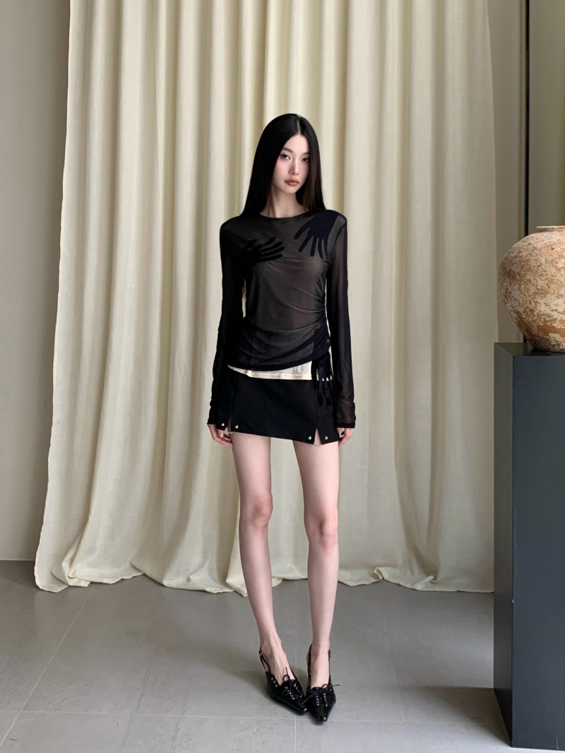 Black Double-Layer Mesh Long Sleeve Round Neck Stretch Top - Image 2
