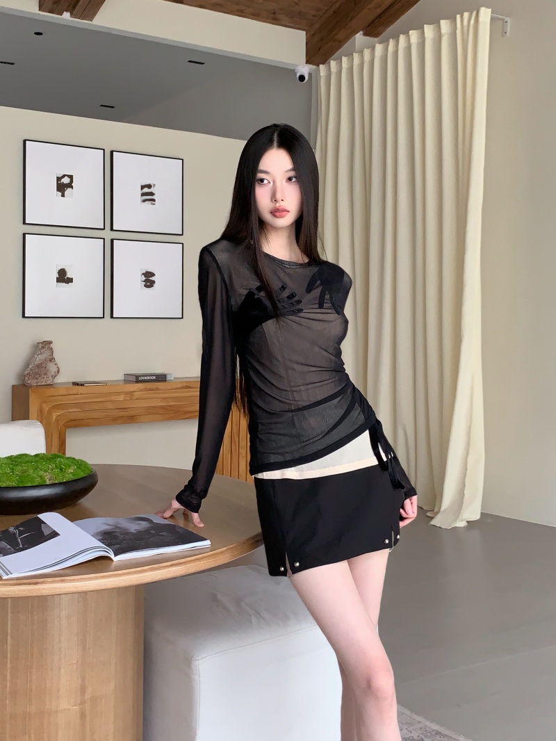 Black Double-Layer Mesh Long Sleeve Round Neck Stretch Top - Image 3
