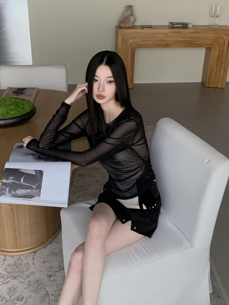 Black Double-Layer Mesh Long Sleeve Round Neck Stretch Top - Image 4