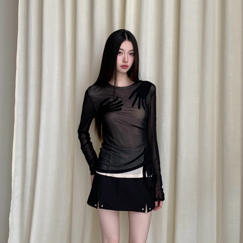 Black Double-Layer Mesh Long Sleeve Round Neck Stretch Top - Image 5