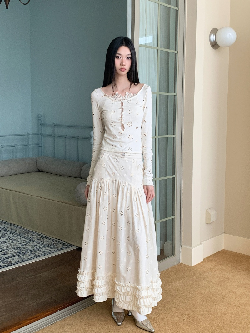 Custom Lace Patchwork Hollow Embroidered Knit Top and Ruffle Hem Skirt Set