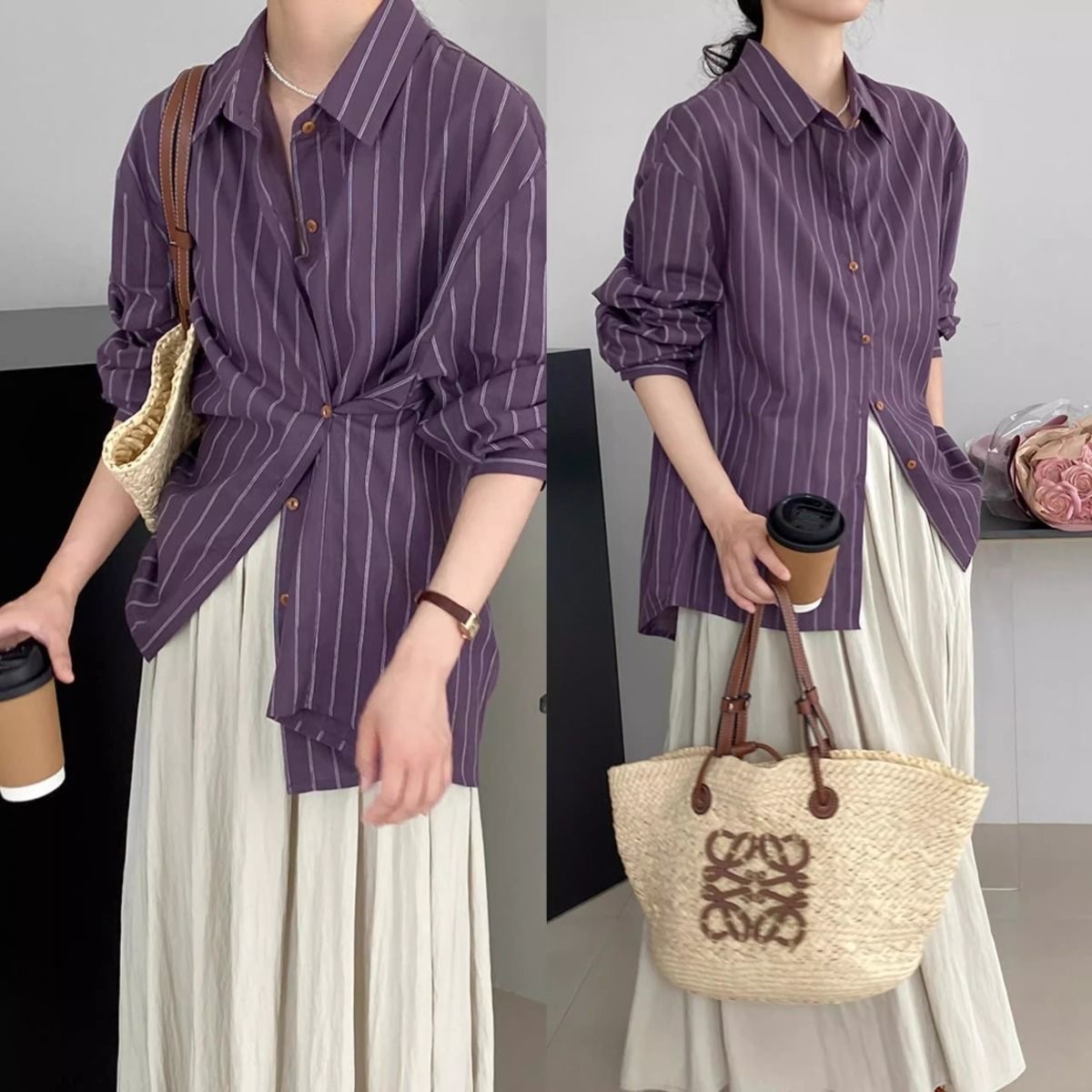 French Purple Striped Long Sleeve Shirt Women Loose Casual Slimming Top