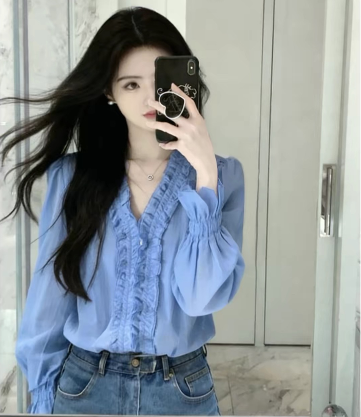 French Style Blue Ruffle Trim Long Sleeve Shirt Plus Size Loose Slimming Flared Sleeve Top