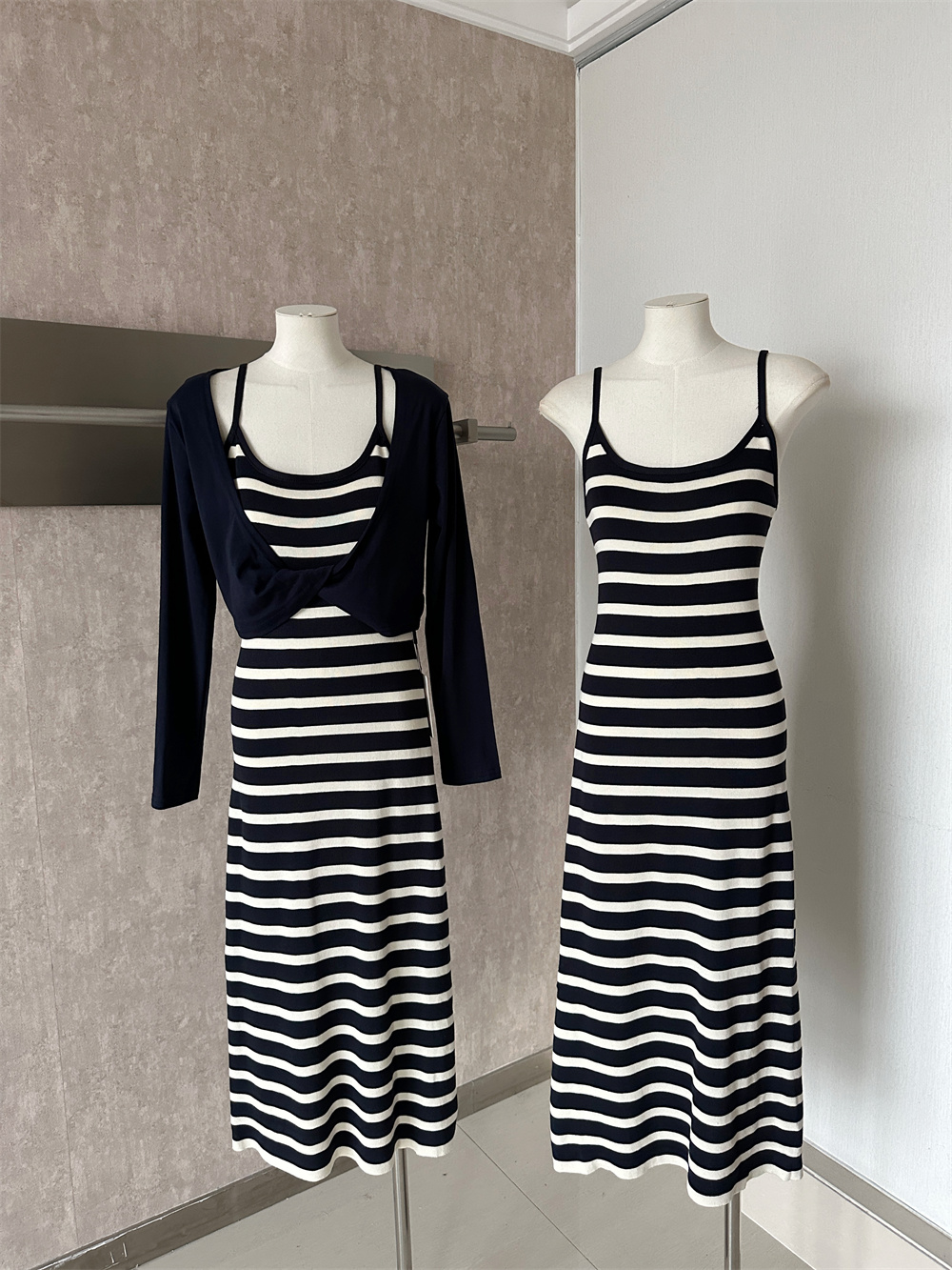 French Style Two-Piece Striped Cami Dress and Cover-Up T-Shirt Set