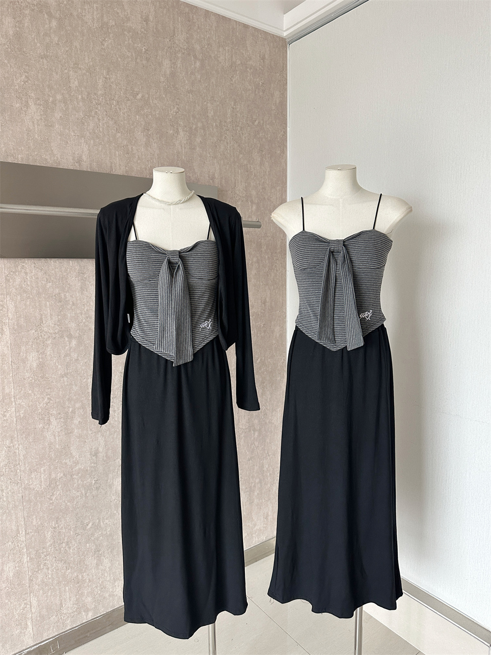 Korean Style Long Sleeve Cardigan and Striped Cami and High Waist A-Line Skirt Three Piece Set