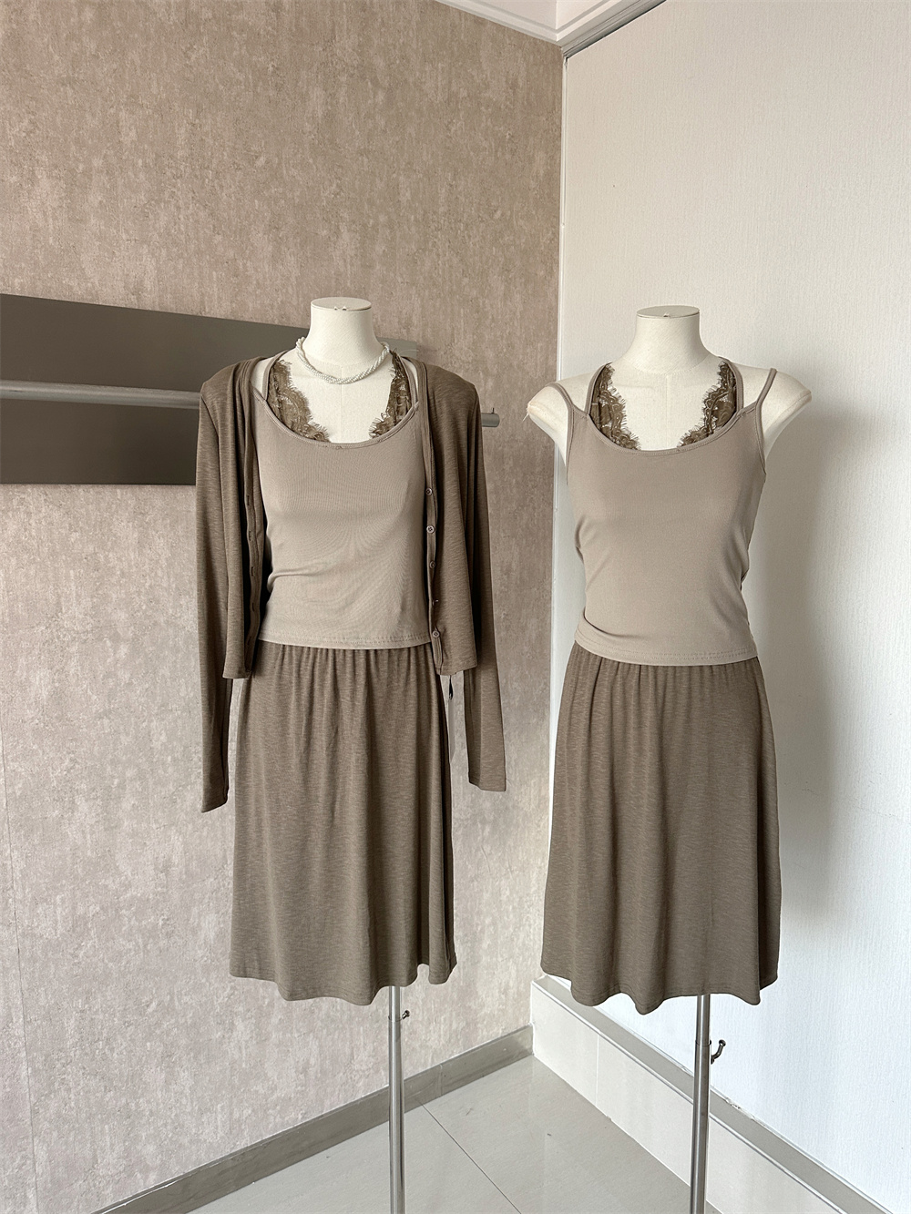 Korean Style Long Sleeve Cardigan Lace Cami Top and Skirt Three Piece Set for Women