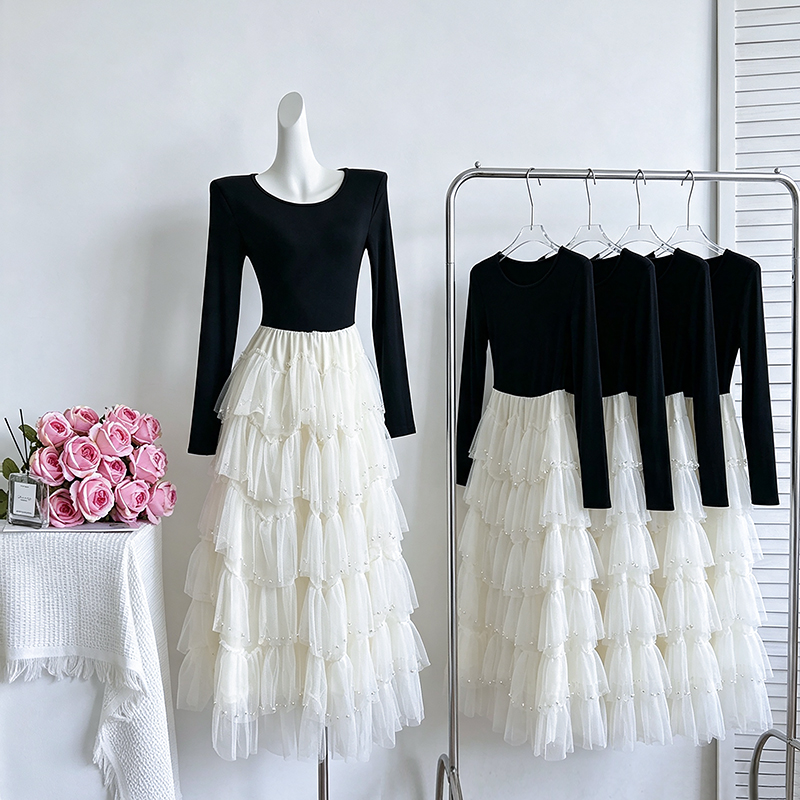 Korean Style Patchwork Slimming Midi Dress 2026 Autumn New