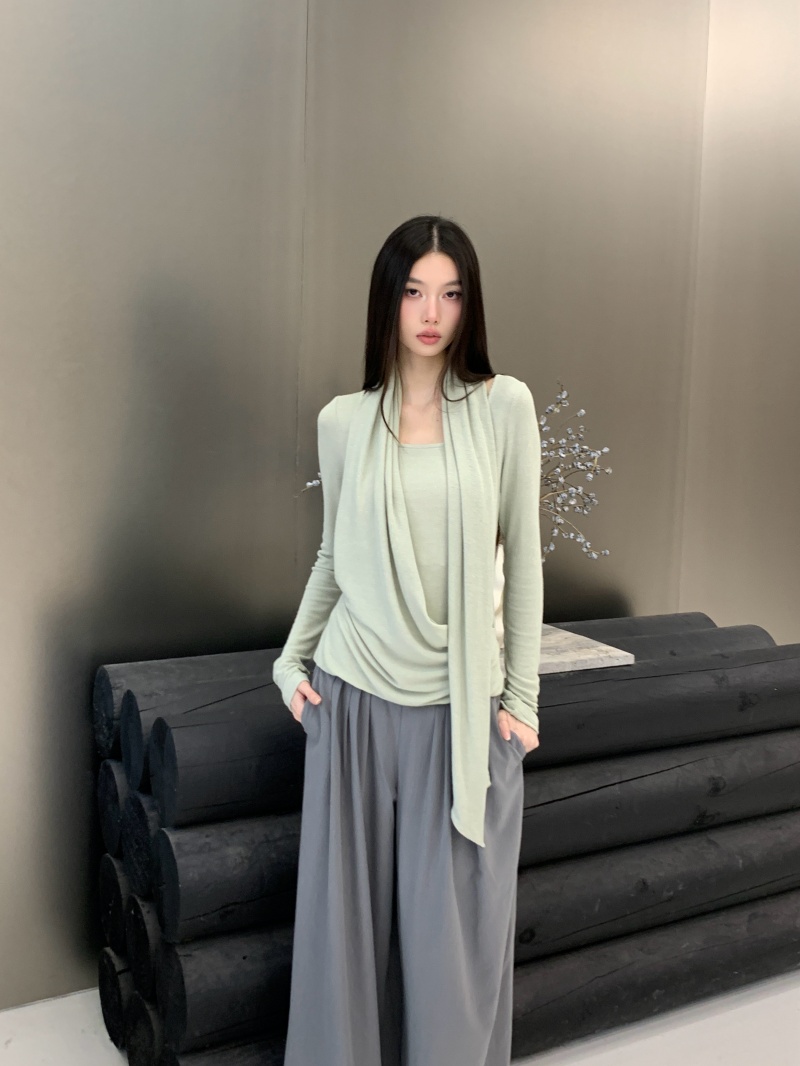 Lazy Draped Halter Scarf Half Placket U-Neck Faux Cashmere Knit Top