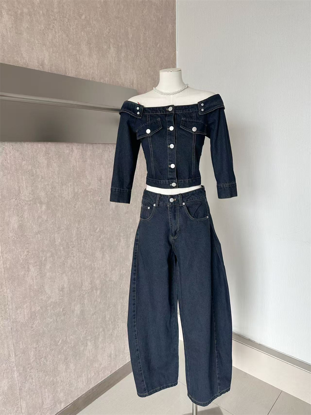 LL Denim Off-Shoulder Top and Pants Two-Piece Set for Women