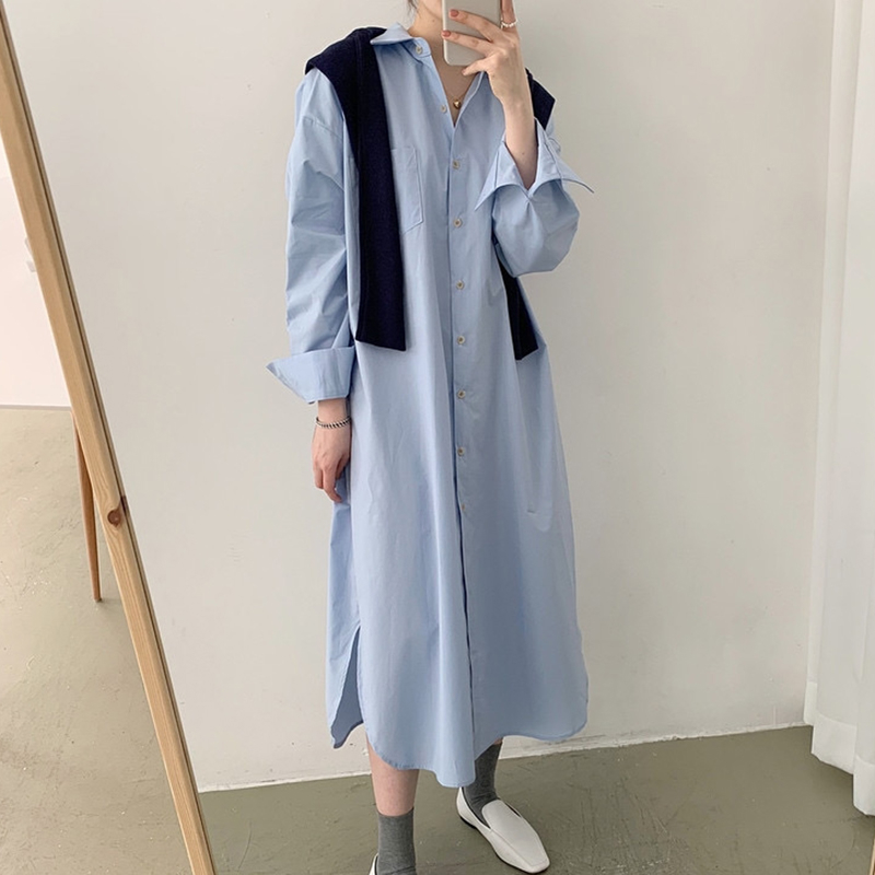 Plus Size Women's Korean Style Single-Breasted Loose Long Shirt Dress