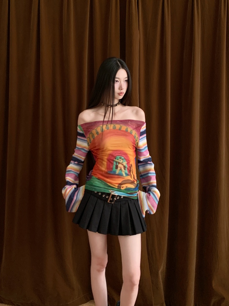 Rainbow Off-Shoulder Flared Sleeve Printed Patchwork Top