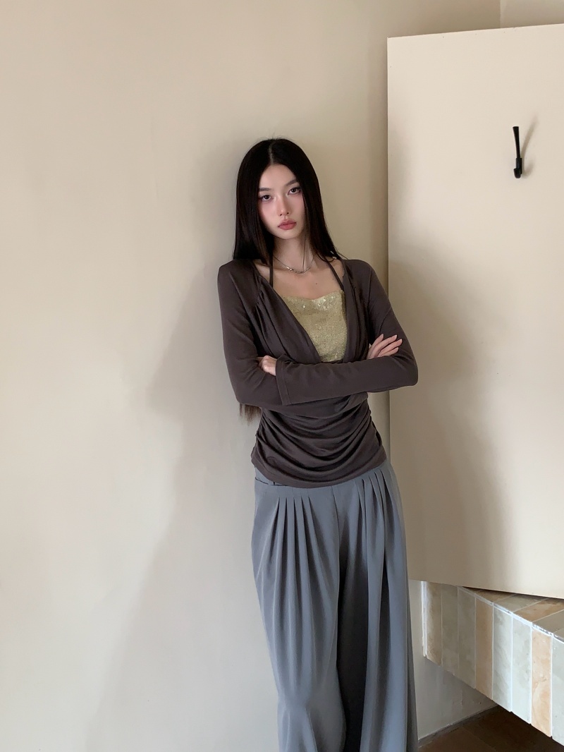 Sequin Strapless Color Block Tencel Wool Knit Deep Cowl Neck Ruched Halter Fake Two Piece Top for Women