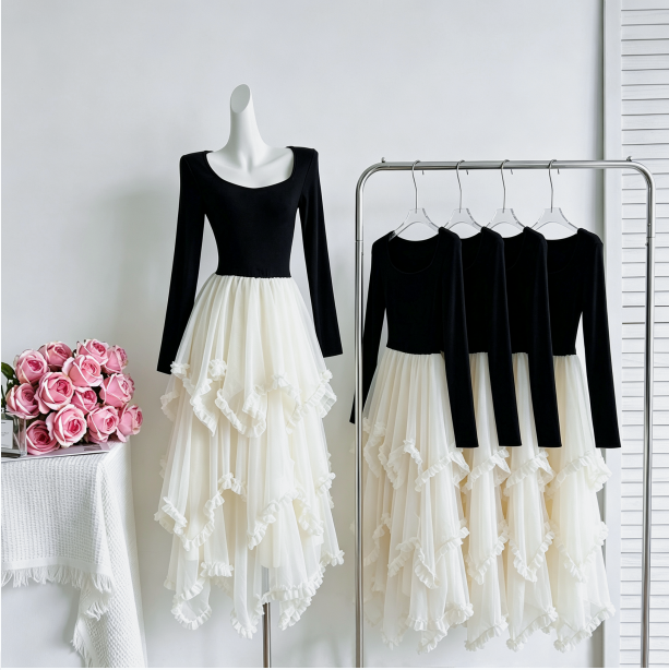 Slimming High Waist A-Line Mesh Midi Dress with Ruffle Detail
