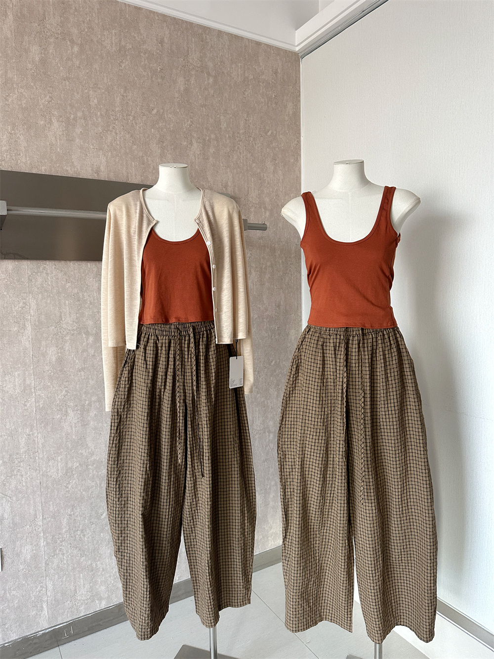 Women's 3-Piece Knit Cami Cardigan Plaid Wide-Leg Pants Set Korean Lazy Style Early Fall 2026