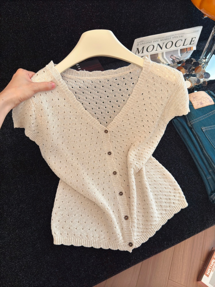 Women's Hollow Out Knit Cardigan V Neck Short Sleeve Summer Top