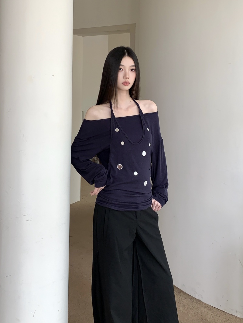 Women's Lazy Vintage One-Shoulder Halter Long-Sleeve T-Shirt with Hand-Sewn Mirror Patches