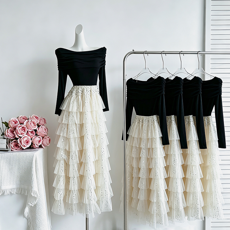 Women's Light Luxury Off-Shoulder Long Sleeve Sequin Cake Dress Two-Piece Look 89125