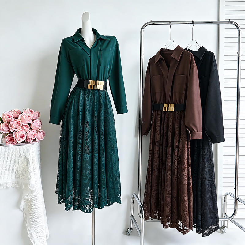 Women's Shirt Dress Fall Polo Collar Waist Cinched Midi Lace Design Dress 89197 with Belt