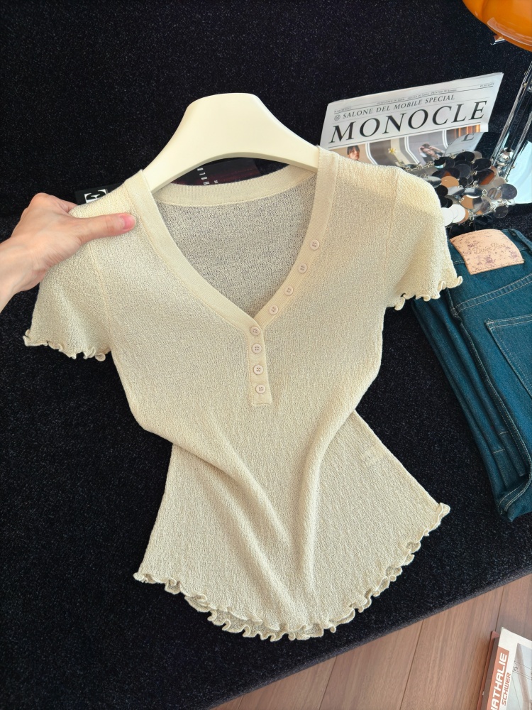 Women's V-Neck Ruffle Knit Top Slim Fit Short Sleeve Summer 2026