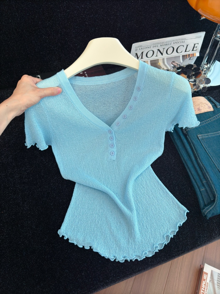 Women's V-Neck Ruffle Knit Top Slim Fit Short Sleeve Summer 2026 - Image 2
