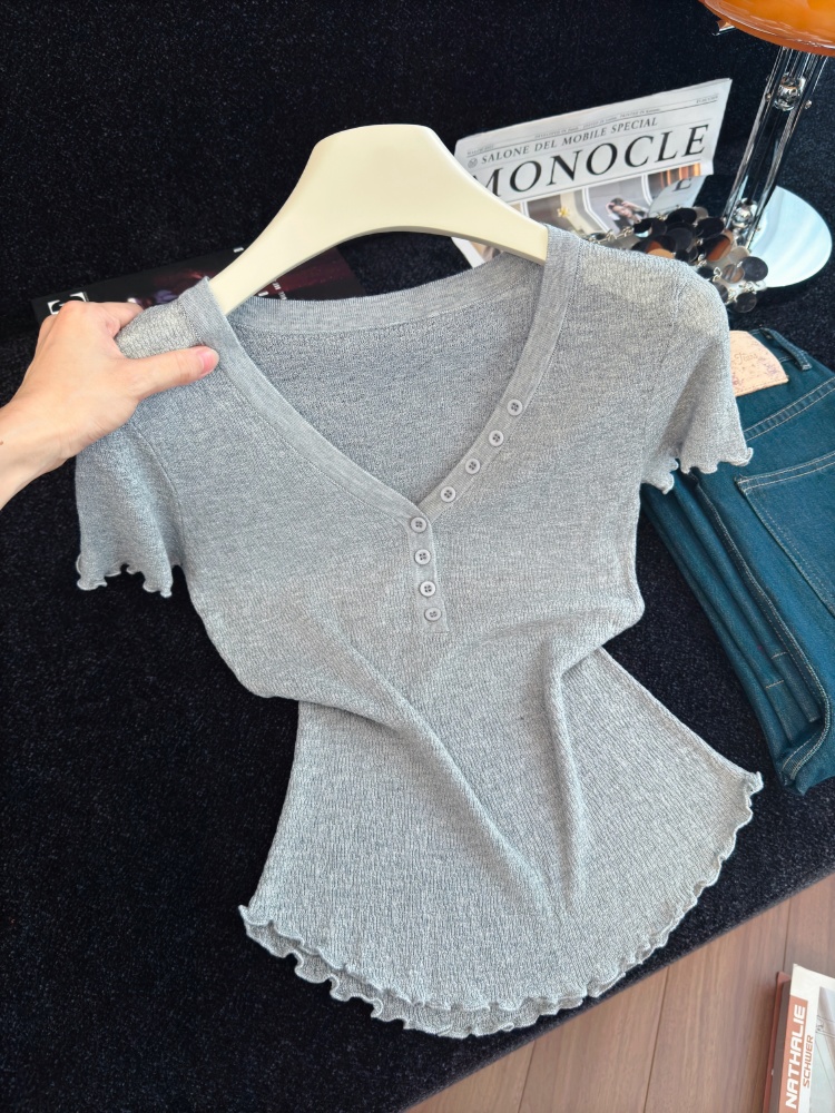 Women's V-Neck Ruffle Knit Top Slim Fit Short Sleeve Summer 2026 - Image 4