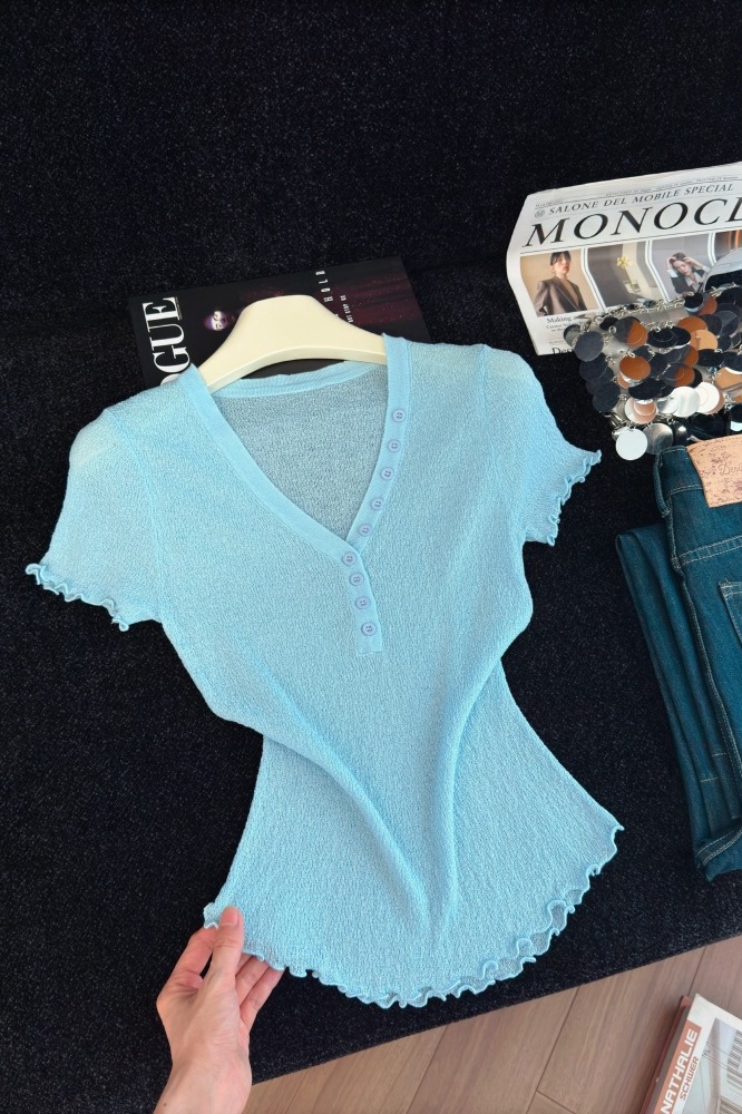 Women's V-Neck Ruffle Knit Top Slim Fit Short Sleeve Summer 2026 - Image 5
